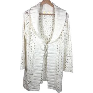 Vintage Bohemian Acrylic Wool Crochet Shawl Collar Front Tie Jacket